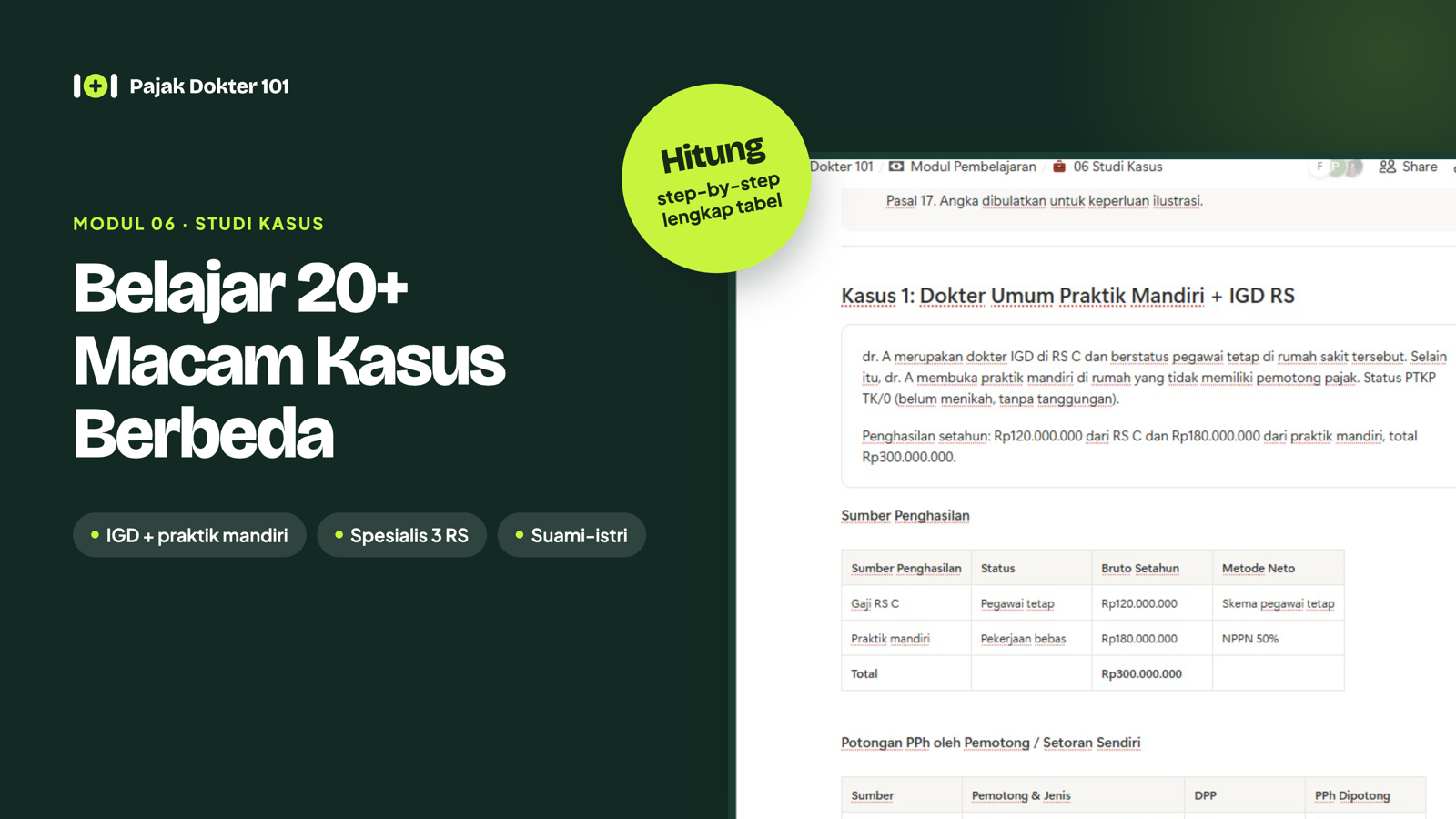 Tampilan contoh kasus di Notion Pajak Dokter 101