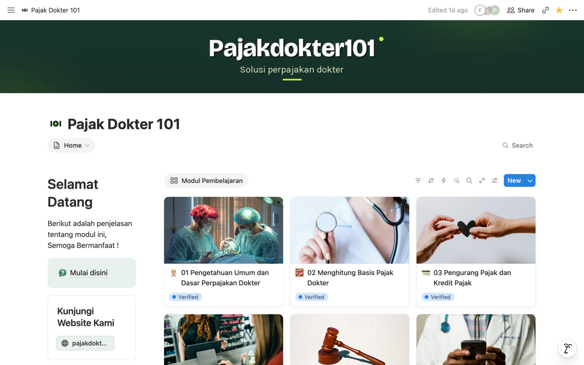 Halaman utama Notion All-in-One Pajak Dokter 101